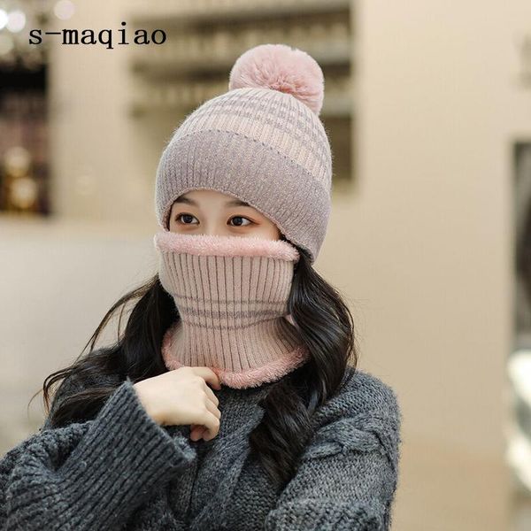 

new women striped knitted hats scarf set warm thick skullies hat fur pompoms ski cap sweet all-match girls winter beanie caps, Blue;gray