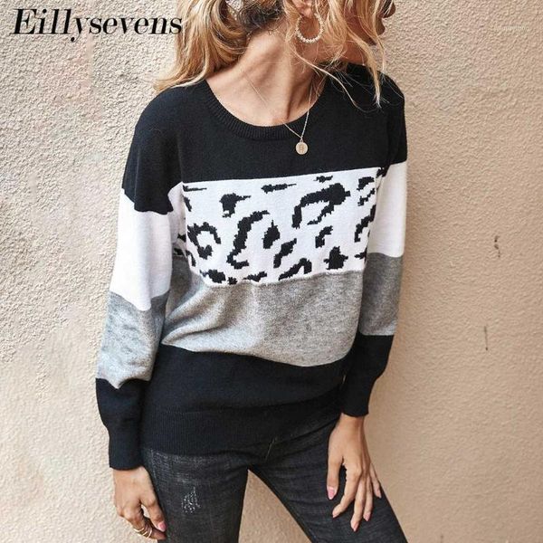 

women's tunic casual knitted leopard patchwork print color pullover long sleeve shirt ladies loose blouse jumper autumn winter1, White