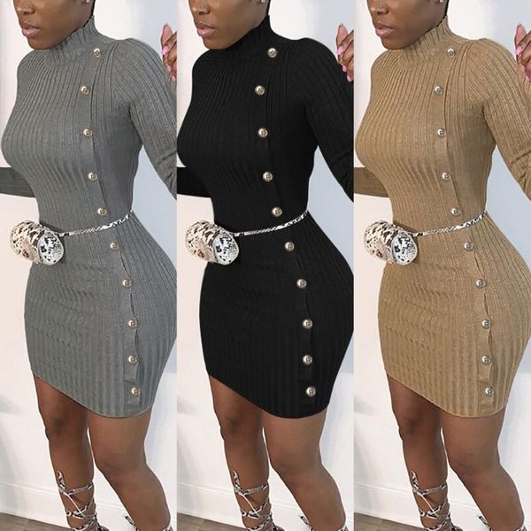 

echoine fall long sleeve ribbed knitted mini dress women skinny bodycon turtleneck vintage vestidos button party club dress, Black;gray