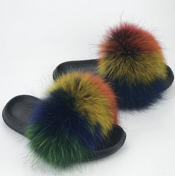 

2021 fox hair slippers women fur home fluffy sliders plush furry yeah winter flats sweet ladies puffer shoes size 36-41 cute pantufas 5a9df#, Black