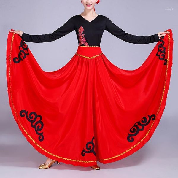 

high waist luxury cloud print satin silk spain traditional spanish flamenco skirt woman ballroom belly dance oriental costumes1, Black;red