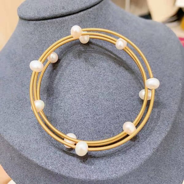 

aiyanishi14k gold-filled hand made white freshwater pearl wire strings adjustable bracelet vintage style bangle delicate, Black