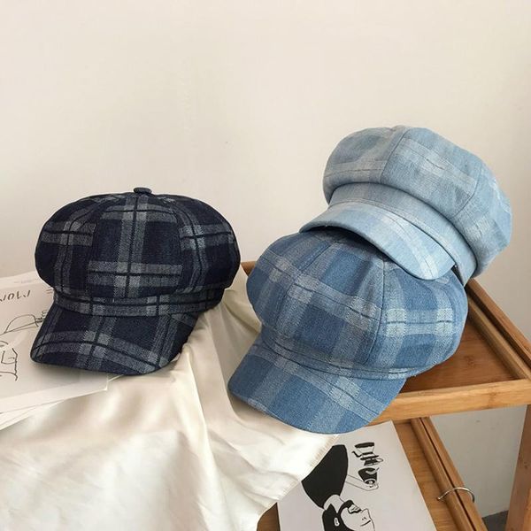 

stingy brim hats 2021 spring summer fashion octagonal cap men women plaid beret retro visor artist hat street all-match caps, Blue;gray
