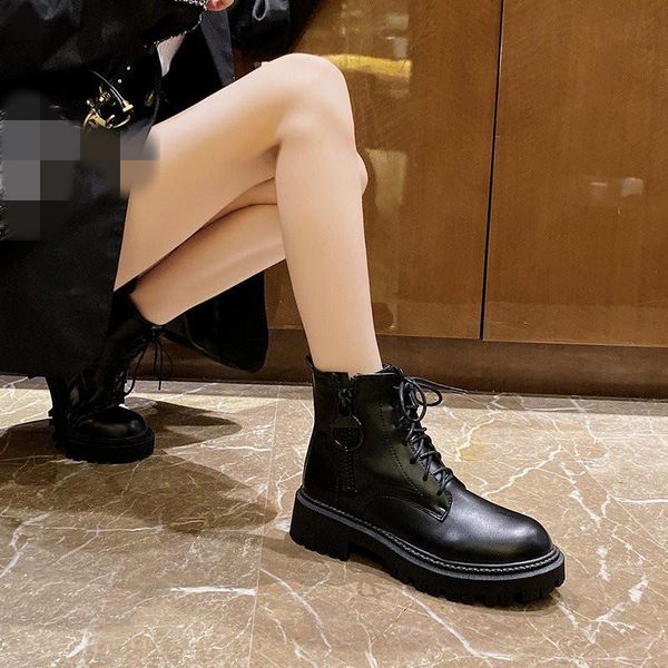 

brand women's shoes round toe lady boots winter footwear flat heel leather booties lace up boots-women fashion ladies med, Black