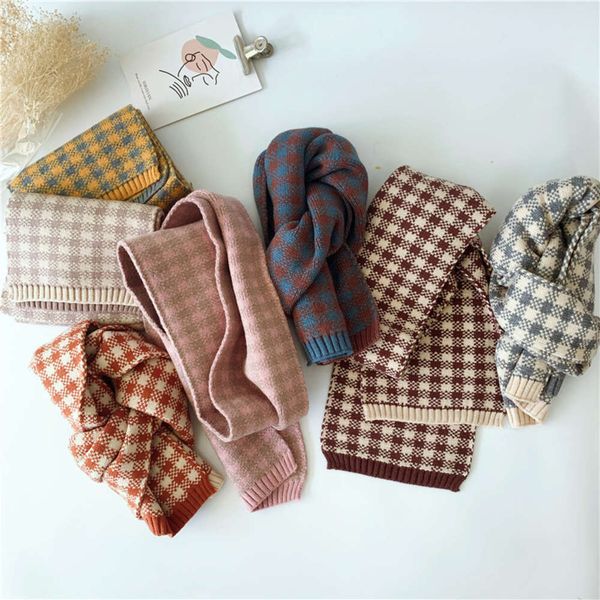 

korean color matching plaid children's knitting scarf2oo4, Red;brown