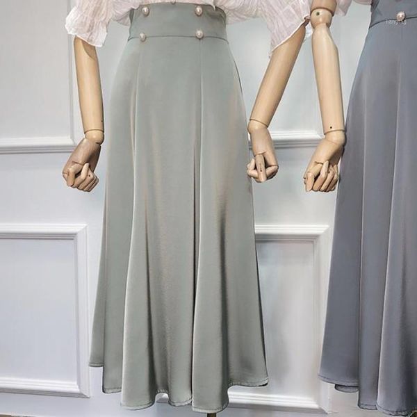 

temperament swing satin skirt 2020 new pearl high waist women long a-line skirt1, Black