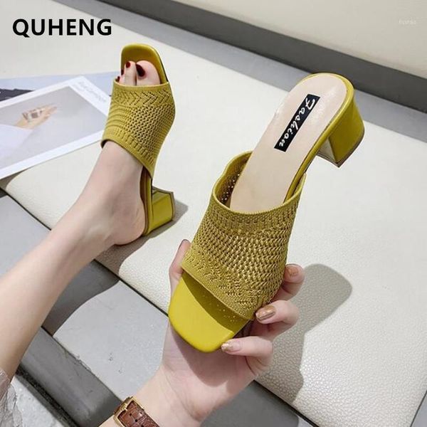 

quheng mid heel female slippers summer new korean version flying weave women sandals outdoor women casual beach slipper a1431, Black