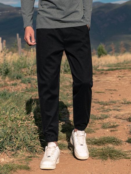 

men solid slant pocket tapered pants z0uy#, Black