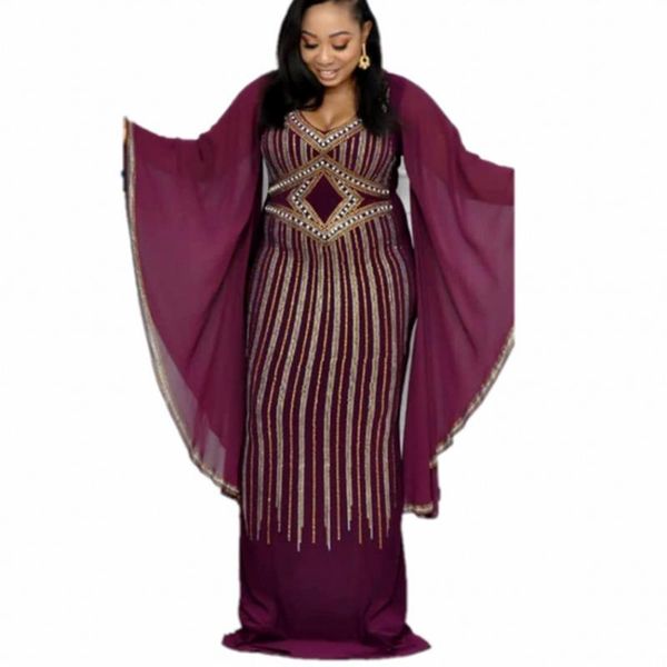 

purple chiffon dresses new african women's fashion flare sleeve beaded embroidery floor-length long dress party vestidos, Black;gray