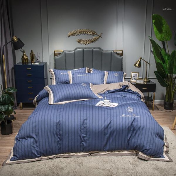 

blue yellow 1000tc cotton stripe bedding sets  king size embroidery duvet cover flat/fitted sheet with rubber pillowcase1
