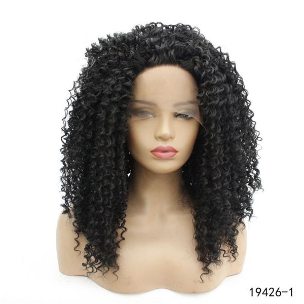 

afro kinky curly synthetic wig 14~26 inches black 1# perruques de cheveux humains lace front wigs 19426-1, Black;brown