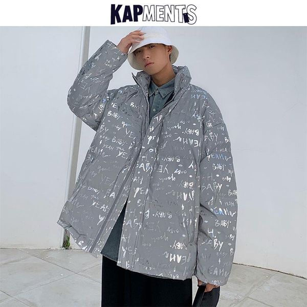 

kapments reflective clothing men letter-printed bubble jacket 2020 streetwear mens winter coat hip hop jacket male puffer, Black