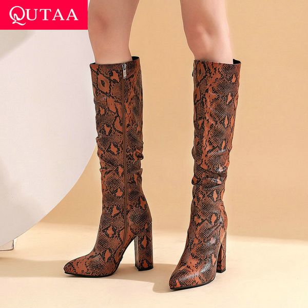 

qutaa 2021 new winter keep warm knee high boots pointed toe square heel women shoes snakeskin pu leather ladies boots size 34-43, Black