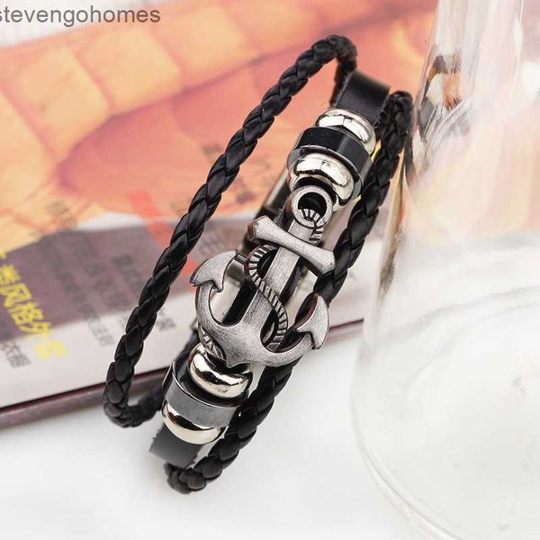 

woven fashion boat hand anchor leather multi-layer bracelet popular jewelry, Silver