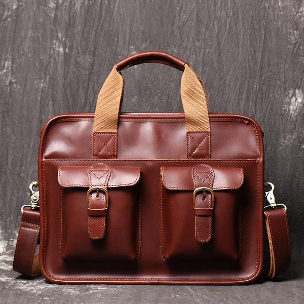 

vintage red brown natural genuine leather men briefcase
