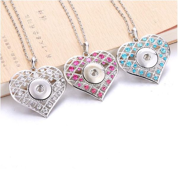 

new snaps jewelry crystal rhinestone heart pendant snap necklace fit 18mm snap button necklace women pendant necklace wi bbyzaj, Silver