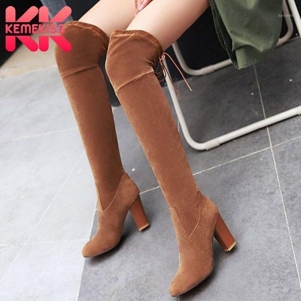 

boots kemekiss solid color round toe high heels shoes women slim stretch winter warm long over the knee size 34-431, Black
