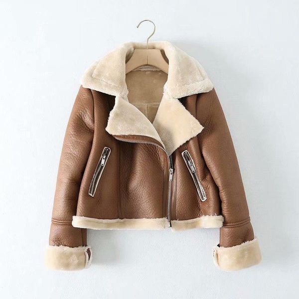

winter female fur leather jacket women faux lamb leather parkera coat thick faux fur sheepskin warm locomotive outwear1, Black