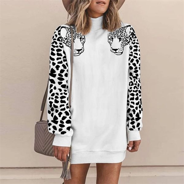 

autumn winter leopard oversized pullover dress for women harajuku turtleneck loose long sweatshirt female casual sweat coat 201102, Black