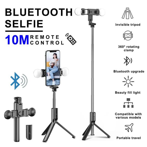

fashion 4-in-1 live selfie ring light wireless bluetooth selfie stick mini tripod handheld extendable stick with remote