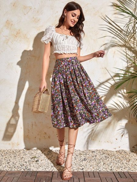 

ditsy floral flare hem skirt 57zc#, Black
