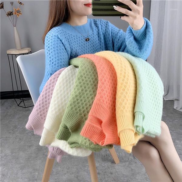 

lucyever autumn loose women pullover sweater casual warm winter jumper knit coat o-neck long sleeve solid color sweater 20201, White;black