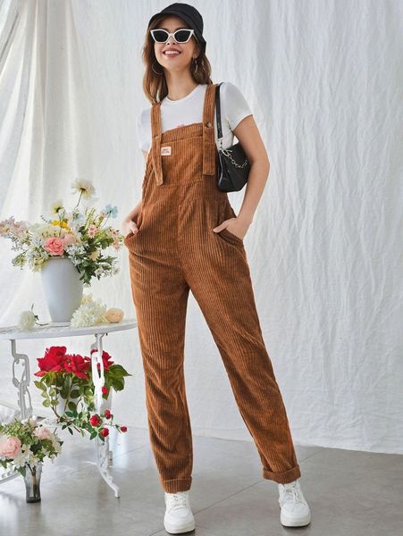 

patched slant pocket cord overall jumpsuit without g45w#, White