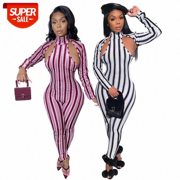 

casual triped print hollow out full sleeve bodycon jumpsuit women night club party outfit one piece rompers fitness overall #bc7m, Black;white