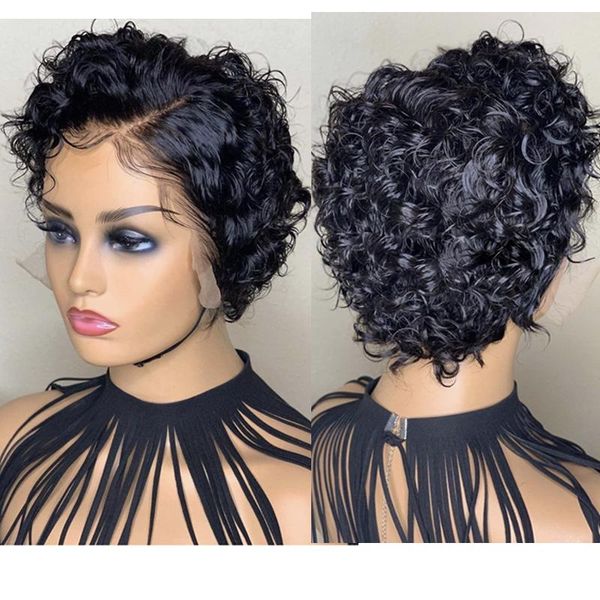 

8inchshort loose curly human hair wig glueless lace front wigs for women glueless brazilian remy hair curly wigs with baby, Black;brown