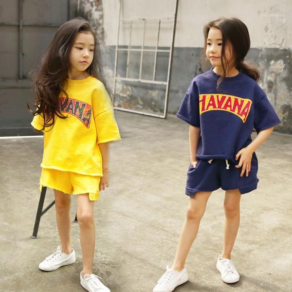 

clothing sets 3-16yrs summer kids teens girls set 2pcs sports track suits suit cotton t shirts tees+kids pants shorts cl2951, White