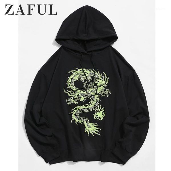 

zaful hoodies sweatshirts men dragon graphic drawstring drop shoulder hoodie menswear casual fall cotton dragon coats male1, Black