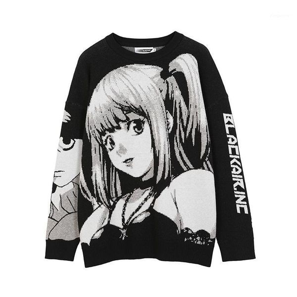 

men sweater hip hop streetwear harajuku o-neck oversize retro japanese style anime knitted spandex pullover couple sweaters1, White;black