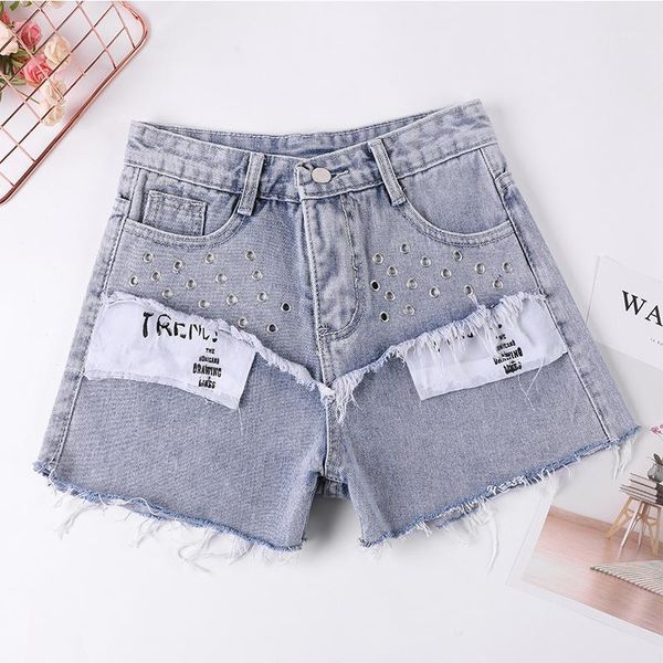 

women's jeans fashion korean shorts woman rivet high waist 2021 summer patch hole denim short wide leg pants casual sweet ladies jeans1, Blue