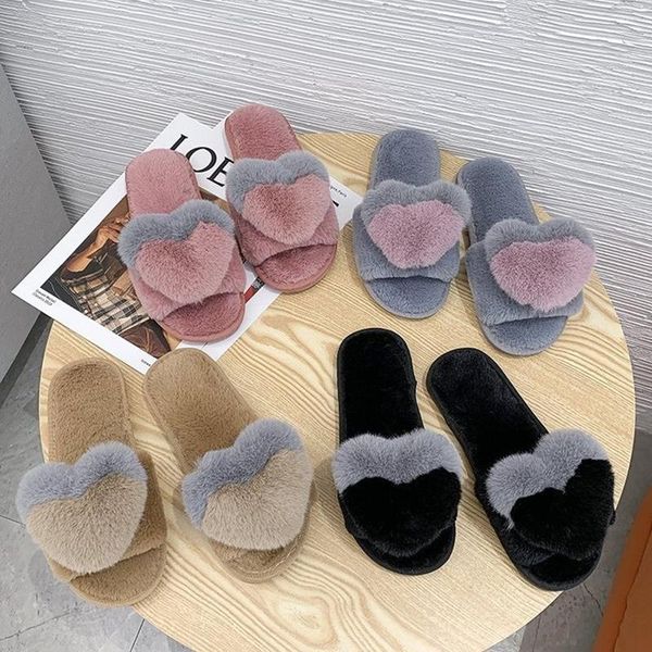 

women slippers winter home shoes women house slippers warm love heart non-slip floor home furry fashion fur slides, Black