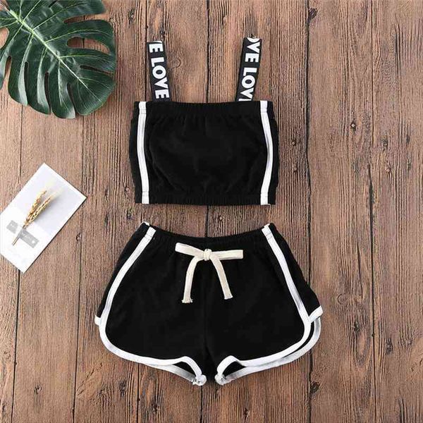 

kids two piece tracksuit kids girls simple letter print sleeveless strappy t-shirt drawstring short pants set, White