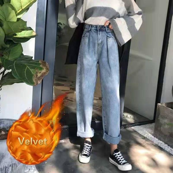 

women velvet winter autumn high waist loose jeans velvet denim pants mom jeans boyfriend straight leg plus size 5xl, Blue