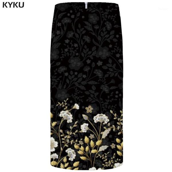 

kyku flower skirts women black 3d print leaves casual retro pencil floral ladies skirts womens funny sundresses1