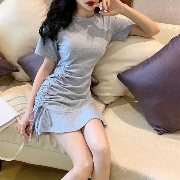 

2020 women fashion solid color drawstring hem ruffles dress female o neck short sleeve casual vestidos chic knit dresses1, Black;gray
