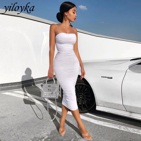 

2 layers white summer dress women 2020 elegant elastic ruched maxi dress pink party long dress dresses woman party night y0118, Black;gray