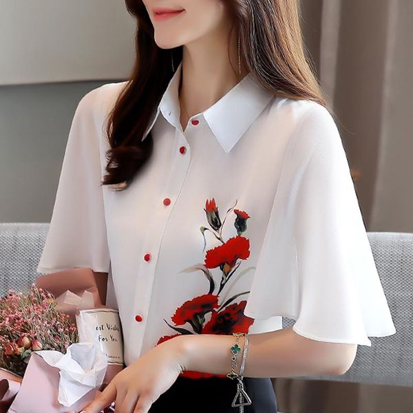 

women blouses blusas mujer de moda 2020 blouse women turn down collar print white chiffon blouse shirt shirts blusa d349