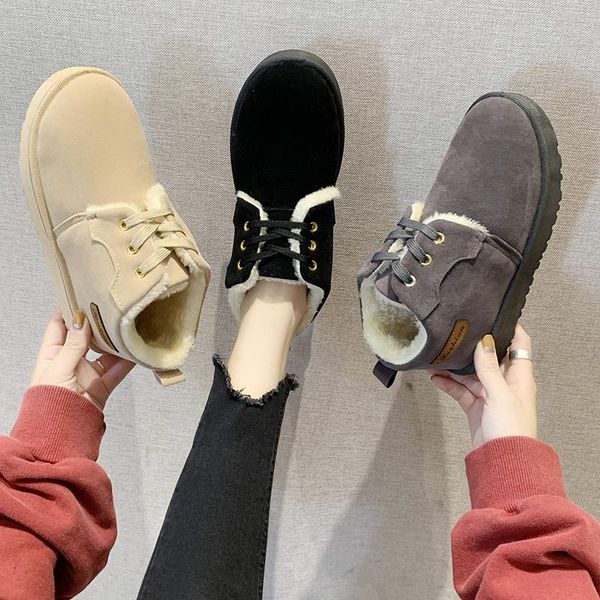 

lace up warm plush snow boots fashion winter boots thick sole platform plus size ankle for women shoes woman casual, Black