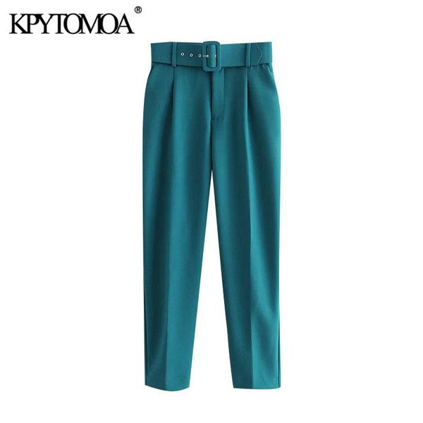 

kpytomoa women 2020 fashion with belt side pockets office wear pants vintage high waist zipper female ankle trousers mujer, Black;white