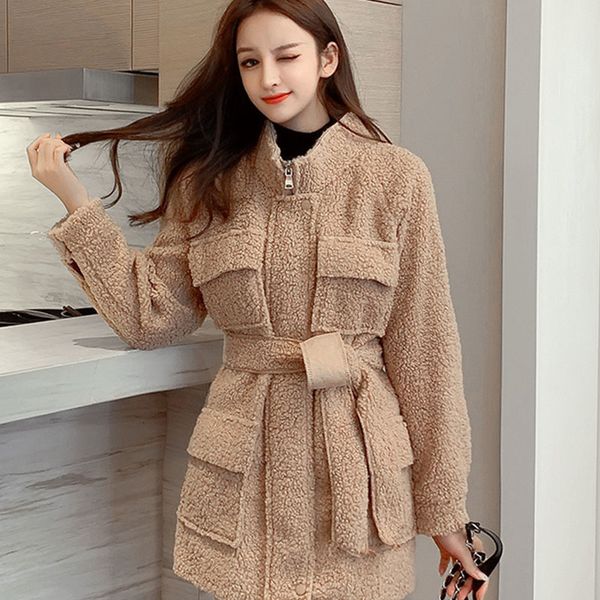 

Winter Pocket Bands Female Leather Wool Outerwear Coat Um5e, Black