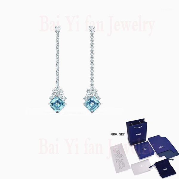 

2020 fashion jewelry swa new sparkling linear pierced earrings charming blue square decoration women's romantic jewelry gift1, Golden;silver