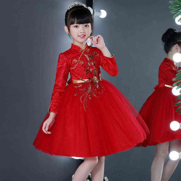 Abiti da festa di compleanno per bambina in stile cinese squisito Abiti da festa per bambini a maniche lunghe rosse in autunno Fiore bambina Cheongsam G1218