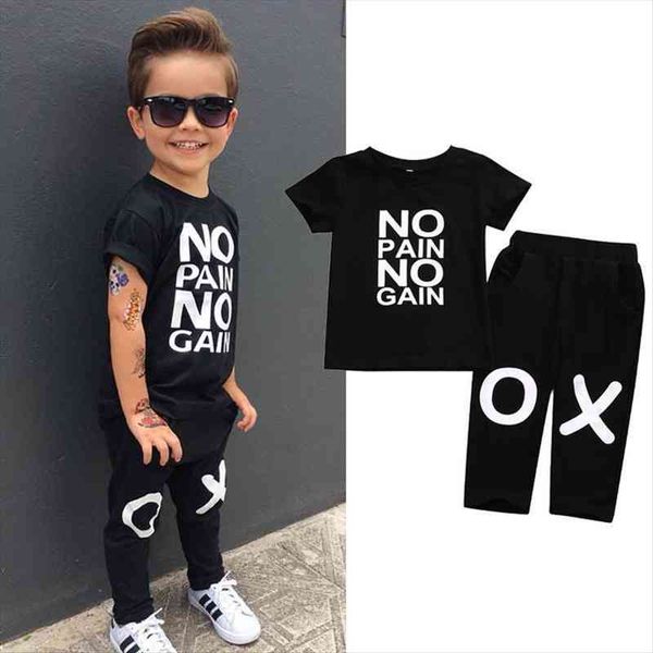 

0-6years toddler kids baby boy clothes outfits clothes print letter no pain no gain t-shirt pants 2pcs set, White