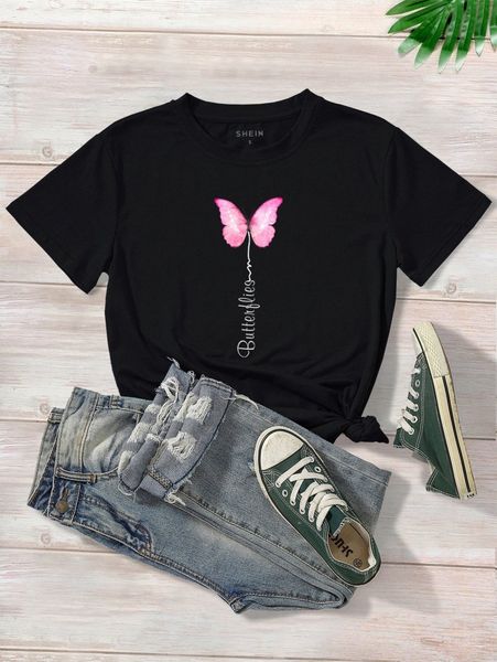 

butterfly and letter graphic tee 92cf#, White