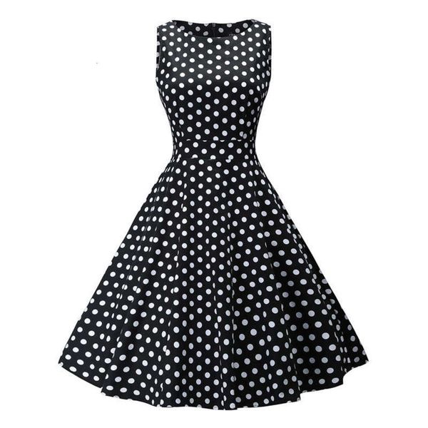 

dot polka sleeveless crew neck women's pullover hepburn cotton summer dress, Black;gray