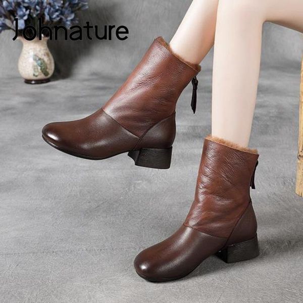 

johnature winter shoes women boots retro 2021 new warm genuine leather zip sewing handmade plush leisure ankle platform boots, Black