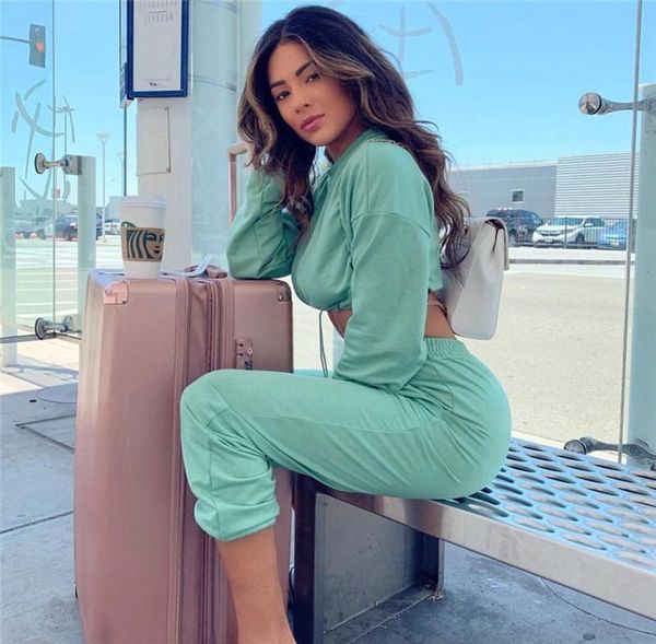 

women's tracksuits casual two piece sets women winter long sleeve o neck short and slim pant solid sporty loungewear sweatpants, Gray